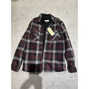 Men’s Boston Traders Black Red Herringbone Plaid Sherpa Overshirt Jacket Button